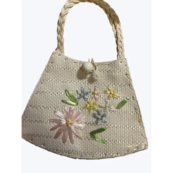 Girls Hand Embroidered White Vintage Bag W/Floral Design  Ages 2-7 Bag only - Picture 4 of 15